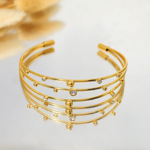 WILD & FREE 18K Gold Plated Stainless Steel Cuff Bracelet for Women Luxury Crystal Metal Beads Charm Tarnish Free Jewelry