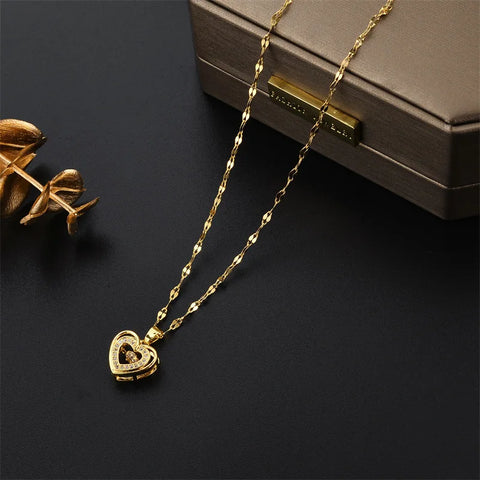 Cute Beating Heart Crystal Pendant Necklace For Women Korean Fashion Stainless Steel Clavicle Chain Female Sexy Wedding Jewelry