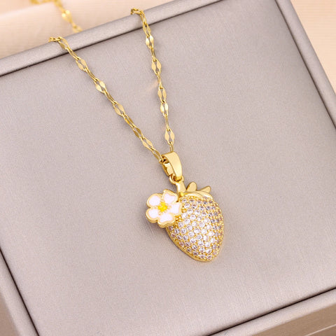 Trendy 18K Gold Plated Zircon Crystal Pendant Stainless Steel Necklace For Women Female Clavicle Chain Jewelry Lady Accessories