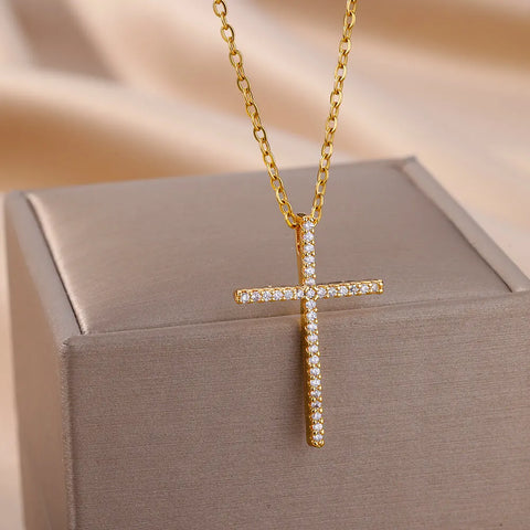 316L Stainless Steel Zircon Jesus Cross Pendant Necklaces For Women Hip Hop Gold Color Cross Necklace Party Jewelry Gift