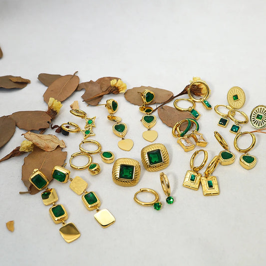 WILD & FREE Trendy Green Zircon Stainless Steel Drop Earrings for Women Luxury Charm Dangle Earring Waterproof Jewelry