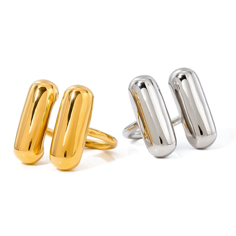 18K PVD Plated Stainless Steel Double Shaped Capsule Opening Ring Metalic Women Trendy Fashion Party Summer Statement Jewelry