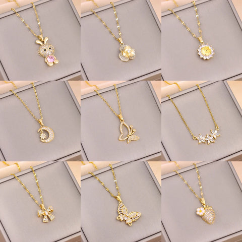 Trendy 18K Gold Plated Zircon Crystal Pendant Stainless Steel Necklace For Women Female Clavicle Chain Jewelry Lady Accessories