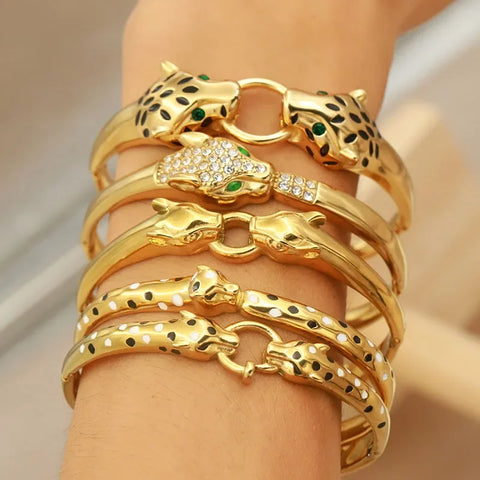 Classic Stainless Steel Crystal Leopard Bangles for Women Vintage Animal Bracelets Rust-proof Wrist Jewelry Gift Party