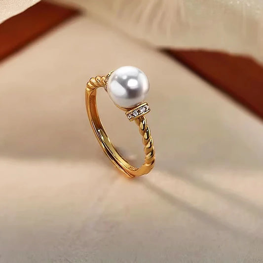 Stainless Steel Rings for Women Aesthetic Pearl Gold Color Wedding Ring Waterproof  Adjustable Opening Accessories Party Jewelry