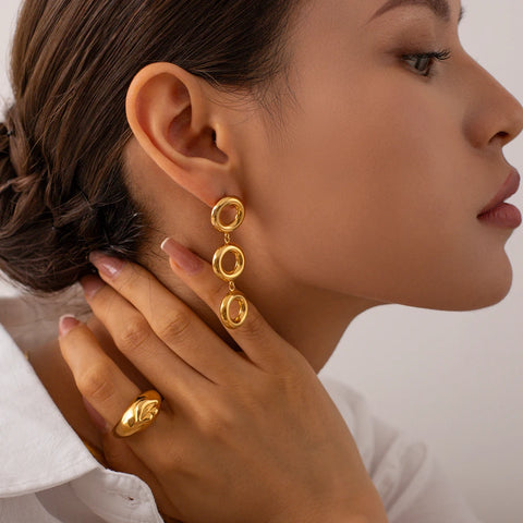 18K Gold Plated O-shaped Tarnish-proof Stainless Steel Exaggerated Multiple Circle Dangle Stud Earrings/Bracelet Set