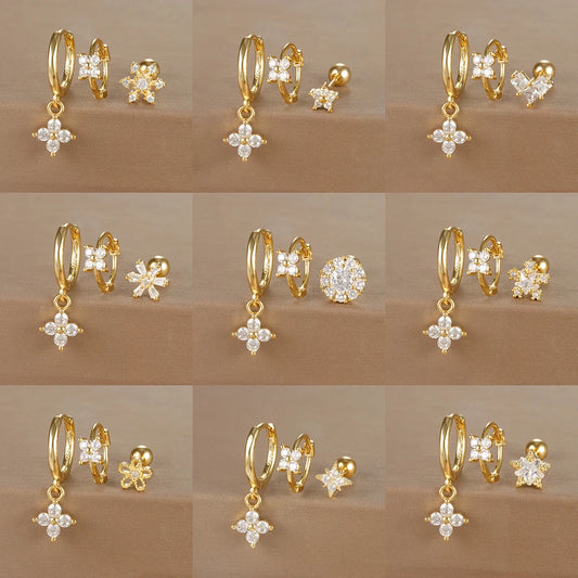 3PCS Stainless Steel Flower Cubic Zirconia Hoop Earrings Set For Women Gold Color Piercing Earring Vintage Waterproof Jewelry