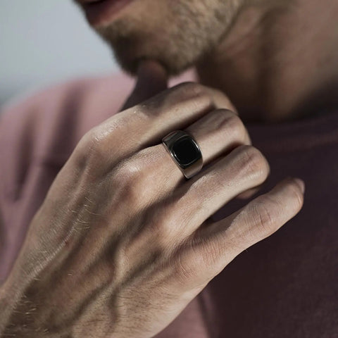 Stylish Black Stone Rings for Men, Waterproof Stainless Steel Metal Signet Ring, Gifts for Him, anel masculino