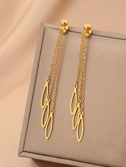 Stainless Steel Earrings Geometric Hollowing Pendant Long Tassel Chain Korean Fashion Dangle Earrings For Women Jewelry Party