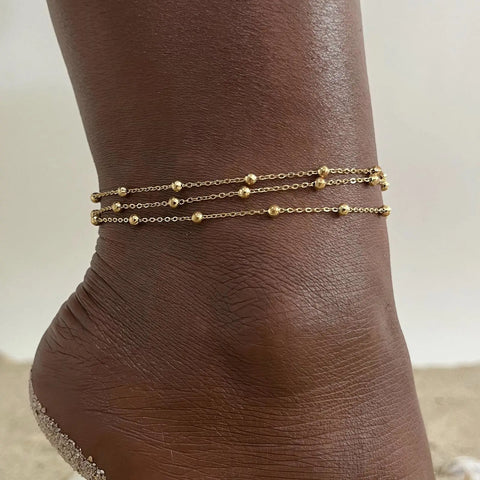 18k Gold Plated Stainless Steel Layered Chain With Beaded Anklet Bracelet for Women