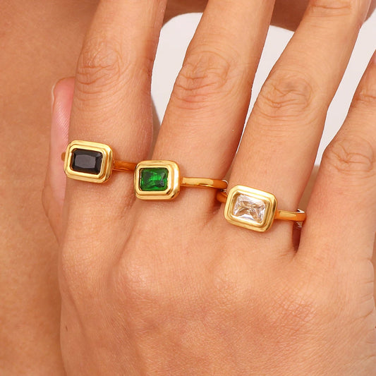 2023 Summer Holiday Single Item Square Sugar Green Black Zircon Signet Rings For Woman Stainless Steel Gemstone Rings