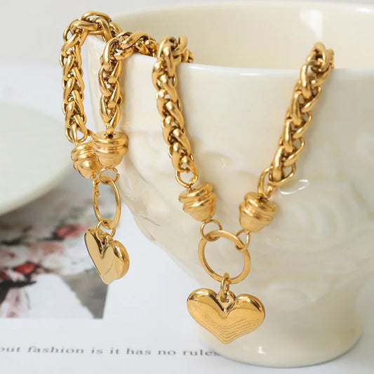 New Stainless Steel Heart-Shaped Pendant Bracelet For Women Brazilian Gold-Plated Thick Chain Luxury Jewelry Wholesale