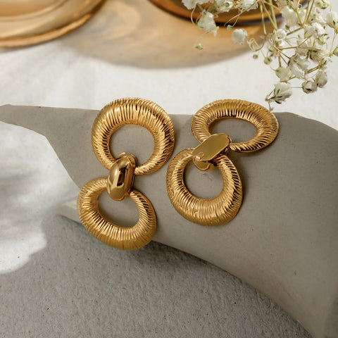 18K Gold Plated Stainless Steel Double Loop Texture Pendant Earrings Tarnish-proof Statement Ear Jewelry for Women Gift