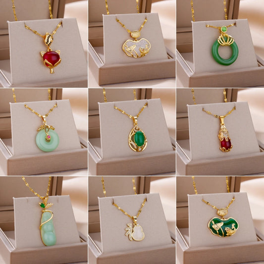 Fashion Water Drop Necklace for Women Men Gold Color Stainless Steel Chain Retro Green Round Jade Necklace Jewelry Birthday Gift