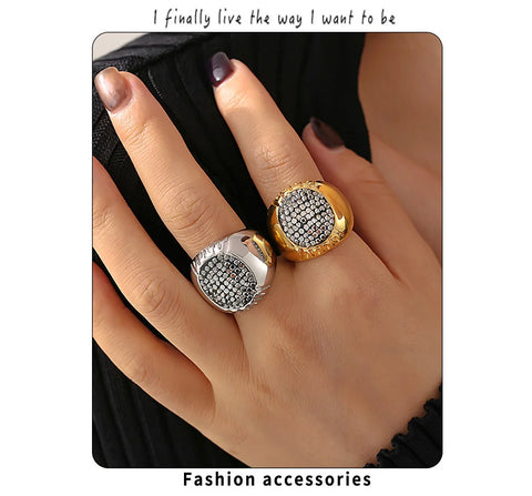 Luxury Shiny Rhinestones Beautiful Rings for Women Gold Plated Waterproof Stainless Steel Ring Exaggerate Finger Jewelry Gift