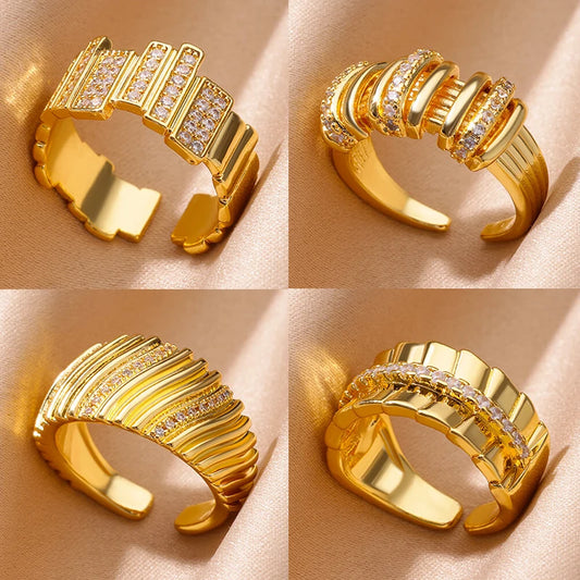 Vintage Textured Geometric Rings for Women Stainless Steel Gold Color Adjustable Wedding Ring Aesthetic Jewelry Gift anillos