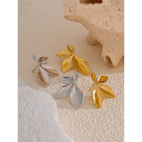 Fashion Stainless Steel Leaves Flower Stud Earrings Bright Anti Allergy Waterproof Charm Texture High Quality Jewelry Gifts