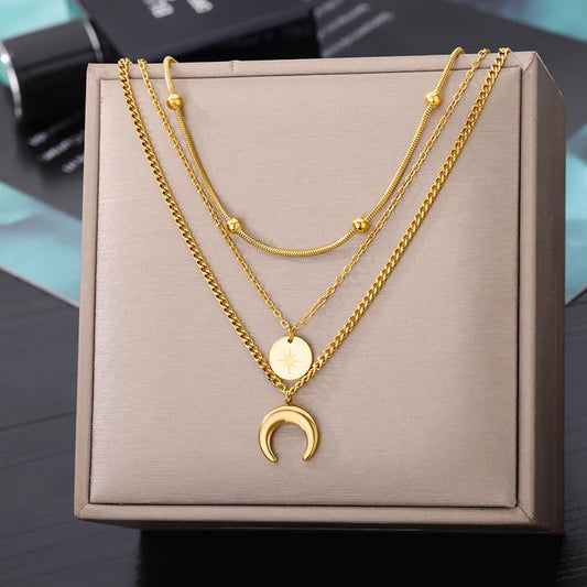 Stainless Steel Necklaces Round Pendant Choker Multilayer Chain Double Stacked Wear Light Luxury Fine Necklace For Women Jewelry