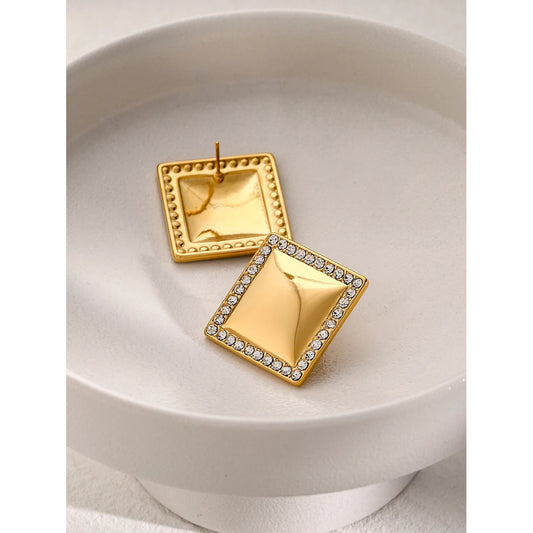 Jewelryposter Waterproof Stainless Steel Square Golden Statement Stud Earrings Tarnish Resistant Fashion Jewelry Bijoux