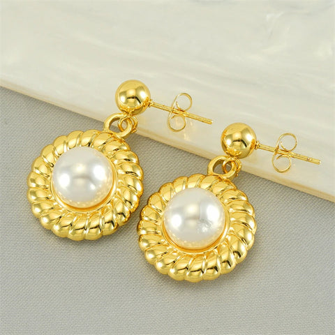 316L Stainless Steel 2024 New Fashion Fine Jewelry French Embed Pearls Circular Sunflower Gear Pattern Stud Earrings For Women