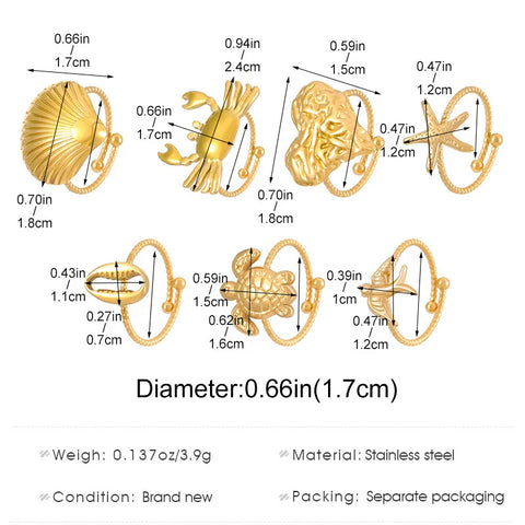 Popular 18K Gold Plated Stainless Steel Animal Ring for Women No Fade Adjustable Starfish Heart Crab Rings Seaside Beach Jewelry