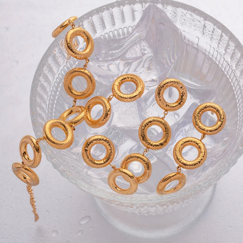 18K Gold Plated O-shaped Tarnish-proof Stainless Steel Exaggerated Multiple Circle Dangle Stud Earrings/Bracelet Set