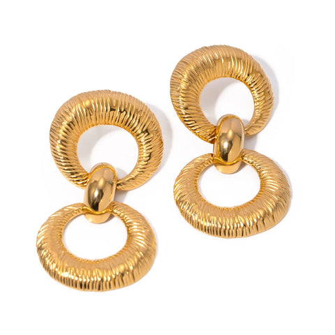 18K Gold Plated Stainless Steel Double Loop Texture Pendant Earrings Tarnish-proof Statement Ear Jewelry for Women Gift