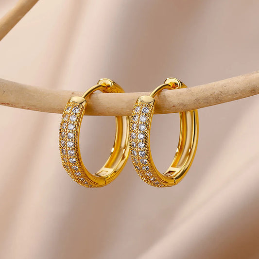 Luxury Round Earrings for Women Girls Cubic Zirconia Stainless Steel Hoop Earring 2023 Trend Couple Aesthetic Jewelry aretes