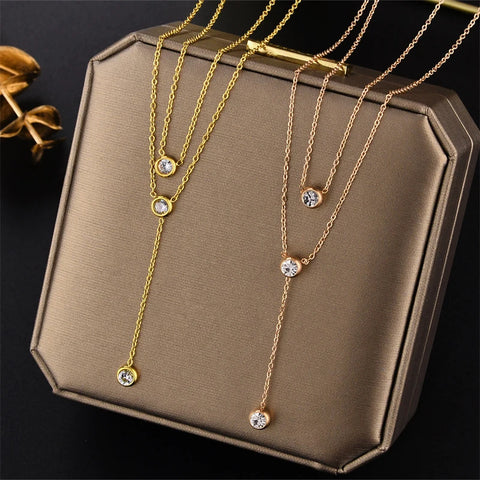 Multilayer Stainless Steel Crystal Pendant Necklace for Women Dainty Layered Necklace Choker Jewelry