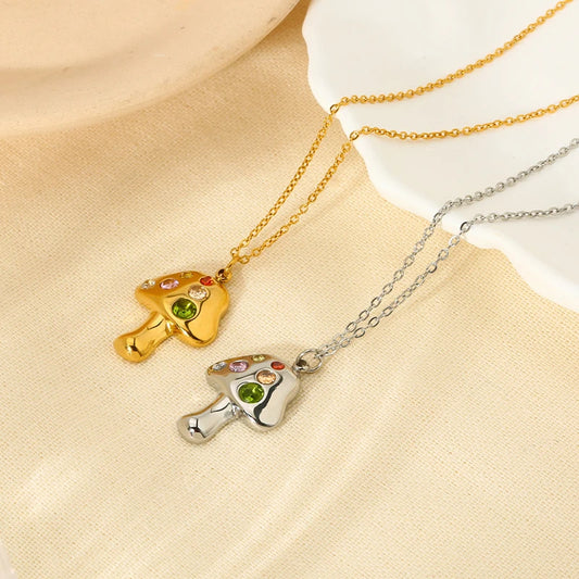 New Trendy 18K Gold Plated Stainless Steel Colorful Glass Stone Mushroom Pendant Necklace for Women Stylish Cute Charm Collar