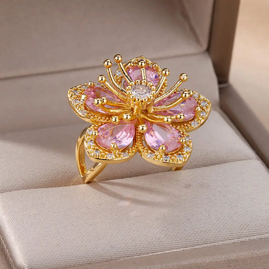 Delicate Pink Zircon Flower Rings for Women Gold Color Stainless Steel Ring 2024 Trend Elegant Luxury Aesthetic Jewelry anillos