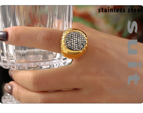 Luxury Shiny Rhinestones Beautiful Rings for Women Gold Plated Waterproof Stainless Steel Ring Exaggerate Finger Jewelry Gift