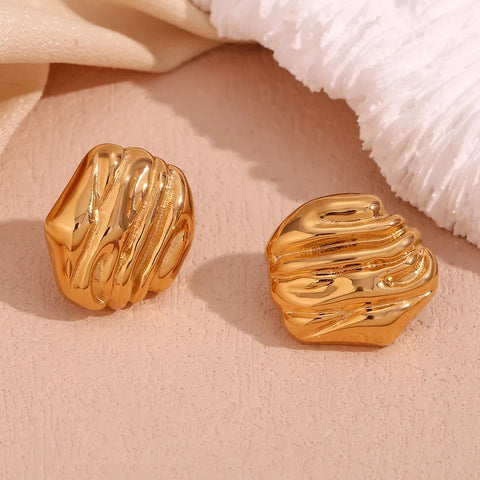 Vintage Stainless Steel Gold Plated Stud Earrings Statement Waterproof Wave Texture Metal Earring France Women Jewelry Gifts