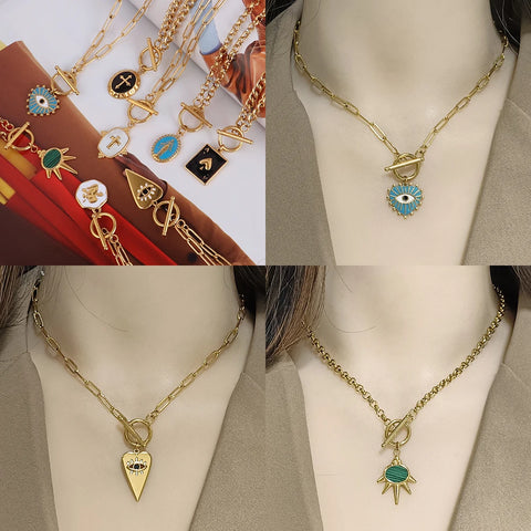 Gold Color Enamel Pendant Necklace Stainless Steel Necklace For Women Colorful Choker Necklaces Clavicle Chain Necklace Jewelry