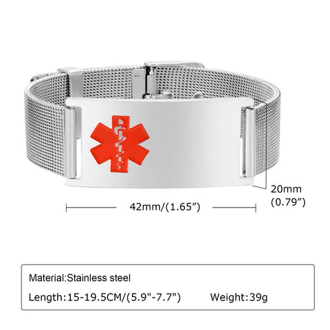 Free Personalized Medical Alert ID Bracelets for Men, Waterproof 10mm/16mm Wide Stainless Steel Mesh Band Wristband ICE Jewelry