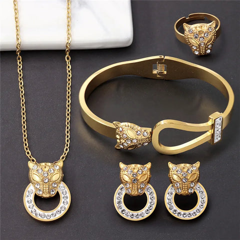 316L Stainless Steel Micro Inlaid Zircon Leopard Head Bracelet Necklace Earring Ring Women's Jewelry Set