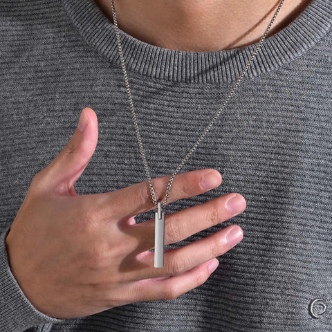 Waterproof 3D Vertical Bar Necklaces for Men,Minimalist Stainless Steel Geometric Pendant with Box Chain,Male Collar Jewelry