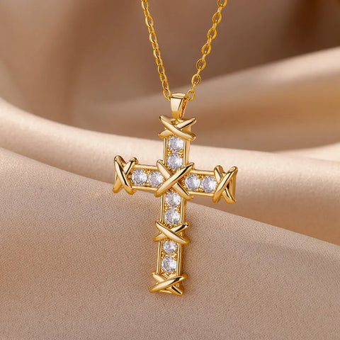 316L Stainless Steel Zircon Jesus Cross Pendant Necklaces For Women Hip Hop Gold Color Cross Necklace Party Jewelry Gift