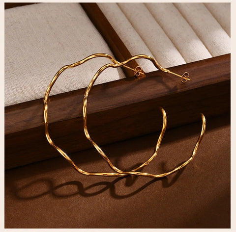 Open Hoop Earrings Women, Minimalist 18K Gold Plated Large Earrings Wave Shape Big Hoops,Stainless Steel Jewelry