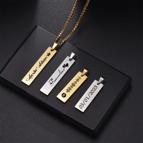 Fashion Custom Stainless Steel Engrave Name Rectangle Necklace For Men Square Pendant Date DIY Necklaces Lovers Jewelry Gift