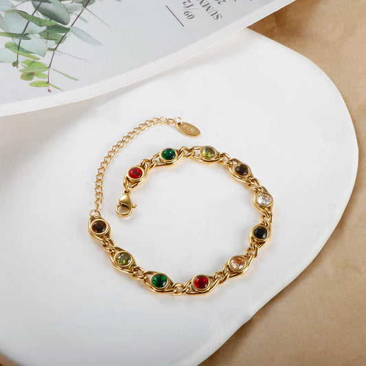 Exquisite Colorful Zircon Bracelet Stainless Steel Gold Plated Jewelry for Women Fade Resistant Wholesales Luxury Trendy Gift