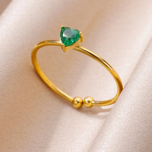 Green Zircon Heart Rings for Women Gold Plated Adjustable Stainelss Steel Ring Wedding Luxury Aesthetic Jewelry Gifts for Her