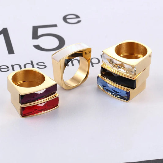 Elegant Stainless Steel Rings for Women Girl Gold Silver Color Muticolor Crystal Glass Stone Finger Rings Luxury Jewelry Mujer