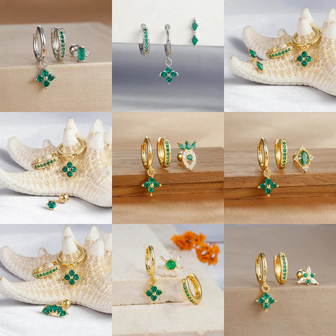 3PCS Stainless Steel Green Zircon Flower Hoop Earrings Set For Women Cartilage Earring Waterproof Piercing Jewelry Statement