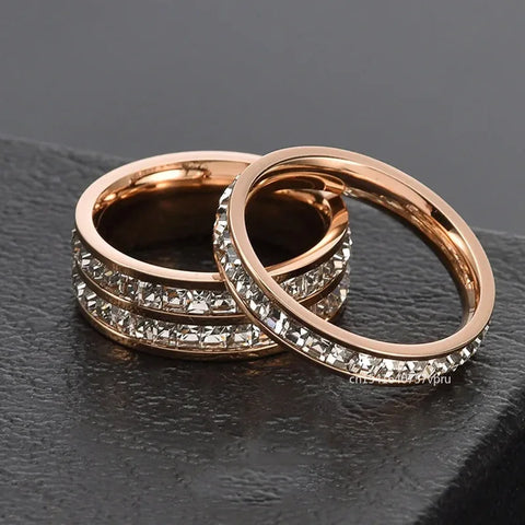 Luxury Rose Gold Color Double Row Square Zircon Stainless Steel Ring for Women Romantic Engageme Wedding Party Jewelry Female