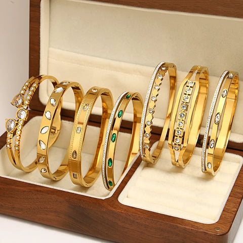 DODOHAO Personality Beautiful Inlaid Zircon Woman Stainless Steel Bangles Bangles Luxury Shiny Cubic Zirconia Gold Color Jewelry