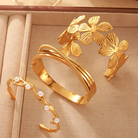 Stainless Steel Art Bangle For Women Girl Flower Shell Beaded Open Bracelet Luxury Charm Jewelry Wedding Banquet Gift