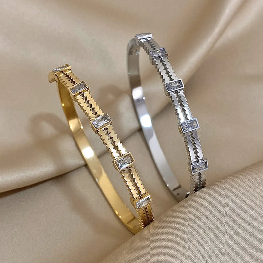 Luxury Cubic Zircon Gold Silver Color Bracelet Bangles For Women Doublelayer 316L Stainless Steel Cuff Bracelets Charm Jewelry