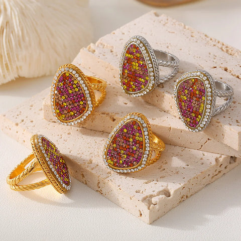 Colorful Rhinestones Beautiful Rings for Women Gold Plated Waterproof Stainless Steel Ring Exaggerate Finger Jewelry Gift