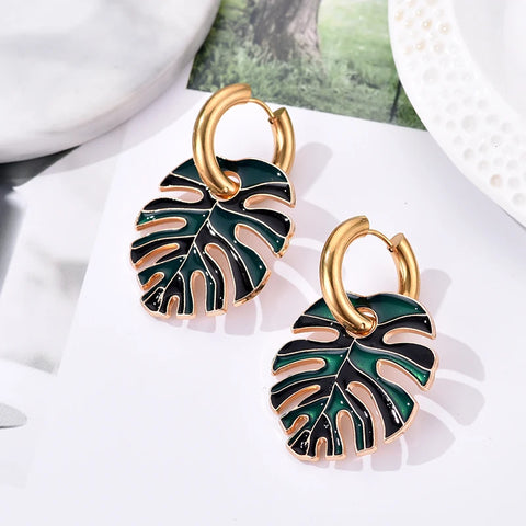 Colorful Enamel Leaf Earrings for Women Fashion Exquisite Stainless Steel Round Hoop Earrings Female Party Wedding Jewelry